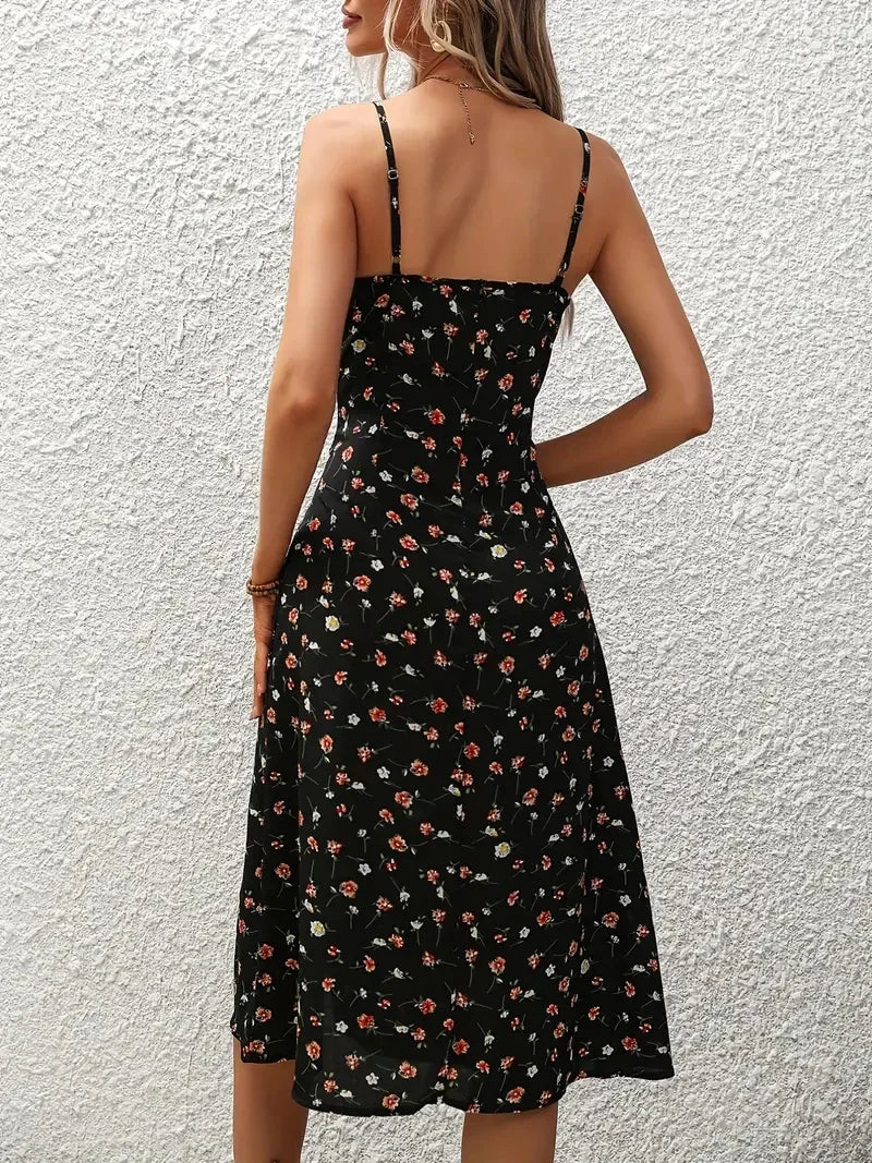Robe à Bretelles Fines Floral Évasée pour Élégance Estivale