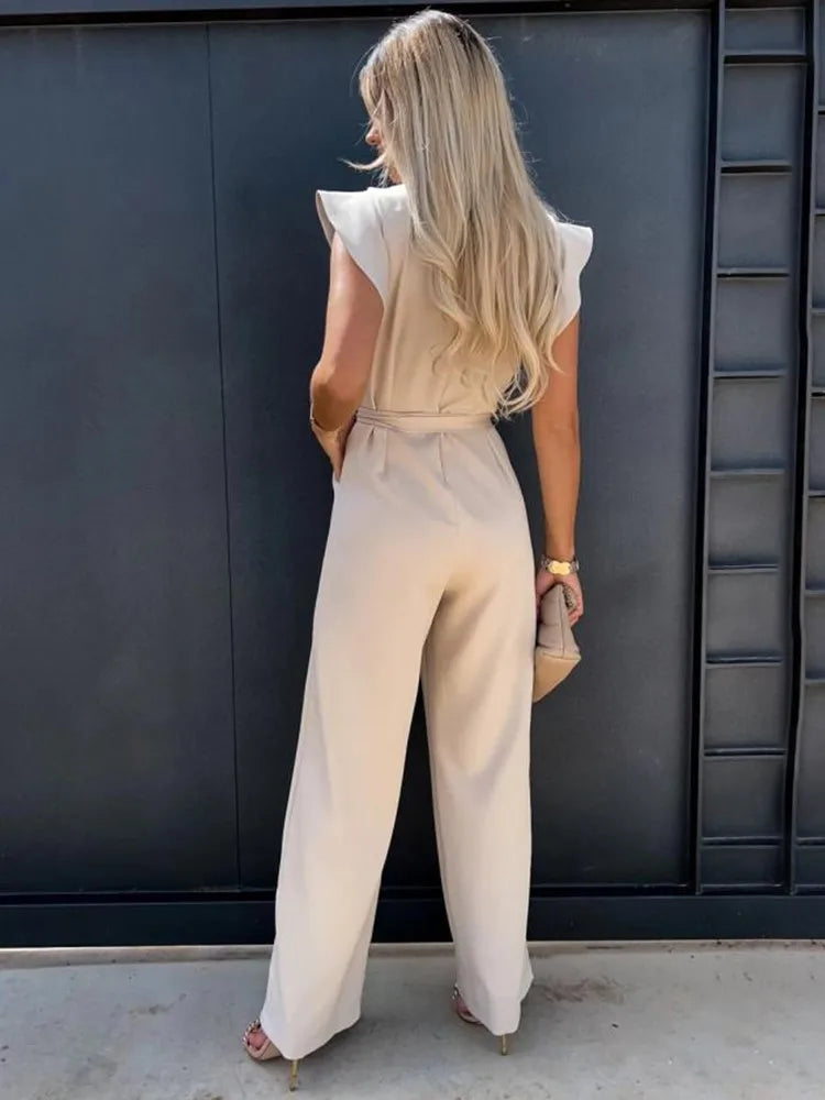 Combinaison femme avec jambes larges et manches à volants - Aurelles