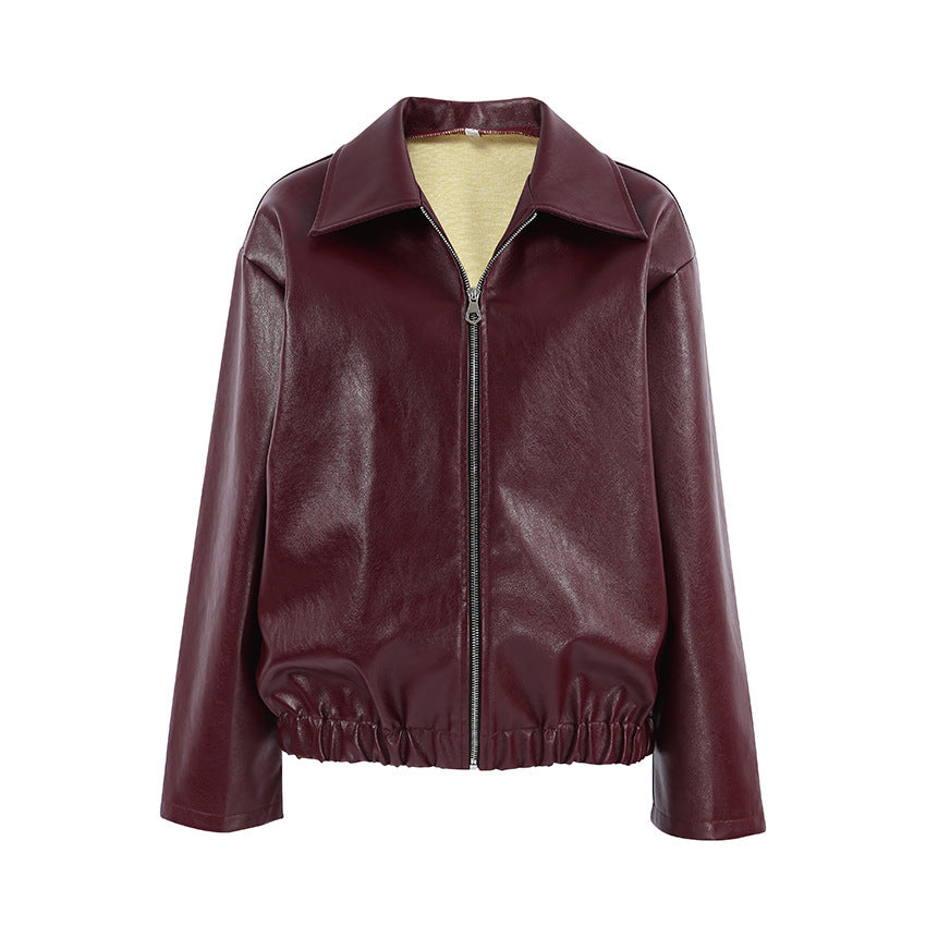 Veste en Similicuir Rouge Bordeaux Style Biker Rétro - Aurelles