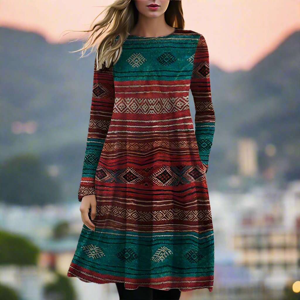 Robe A-Line Femme - Imprimé Géométrique Bohème - Vêtements Décontractés à Manches Longues - Aurelles
