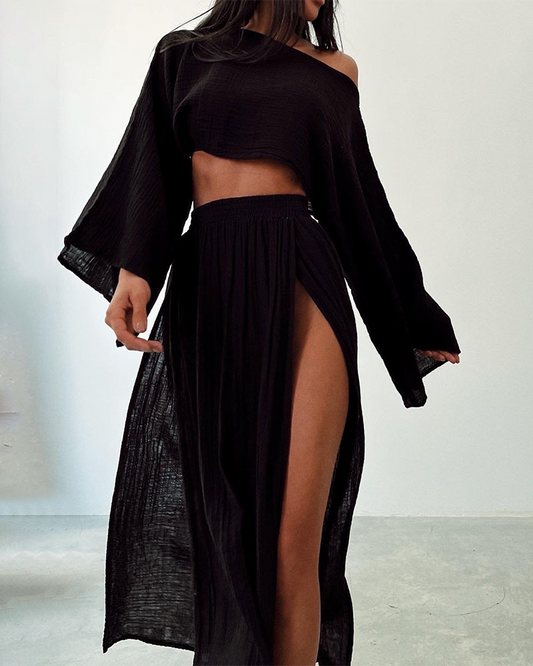 Ensemble Femme Deux Pièces Chic Off-Shoulder et Jupe Maxi