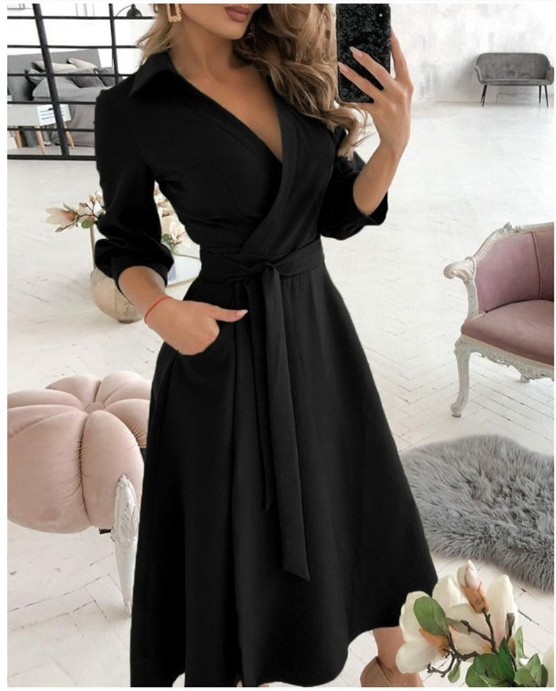 Robe Portefeuille Femme - Décolleté en V - Taille Cintrée avec Ceinture - Midi à Manches Trois Quarts