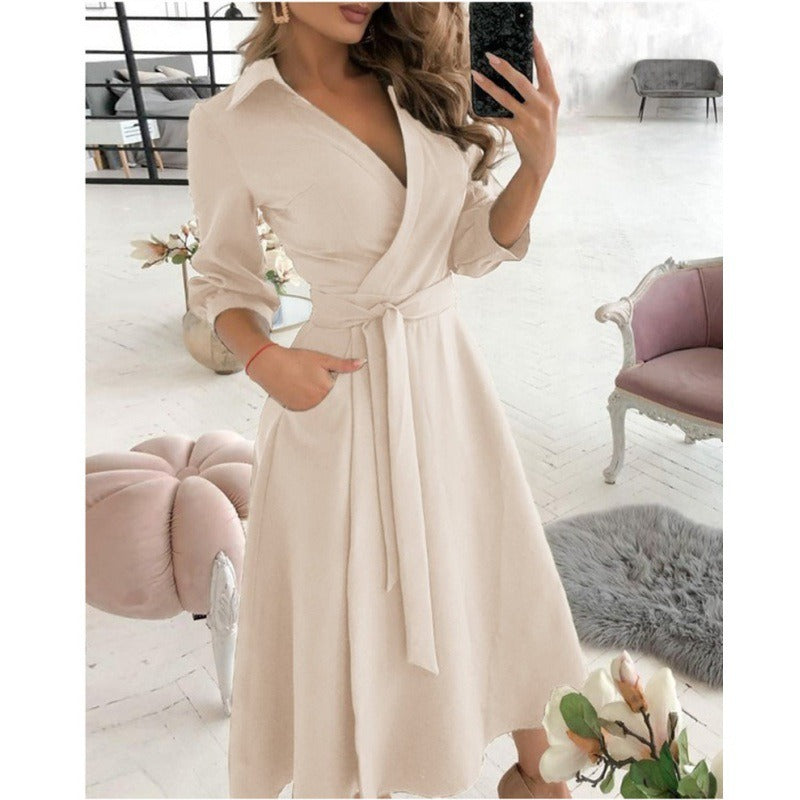 Robe Portefeuille Femme - Décolleté en V - Taille Cintrée avec Ceinture - Midi à Manches Trois Quarts