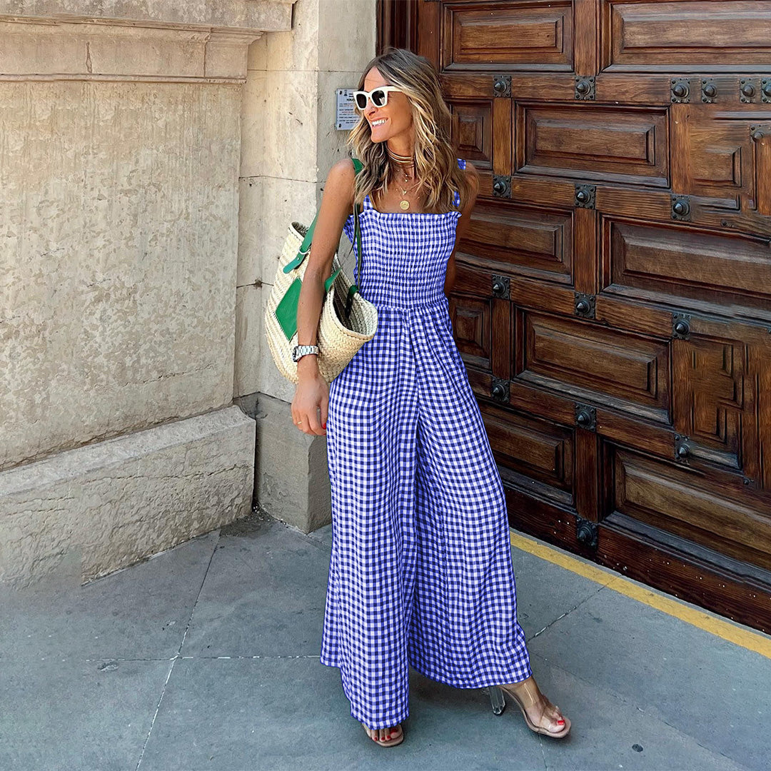 Combinaison Femme - Motif Vichy - Haut Smocké - Pantalon Large - Bretelles Fines - Aurelles