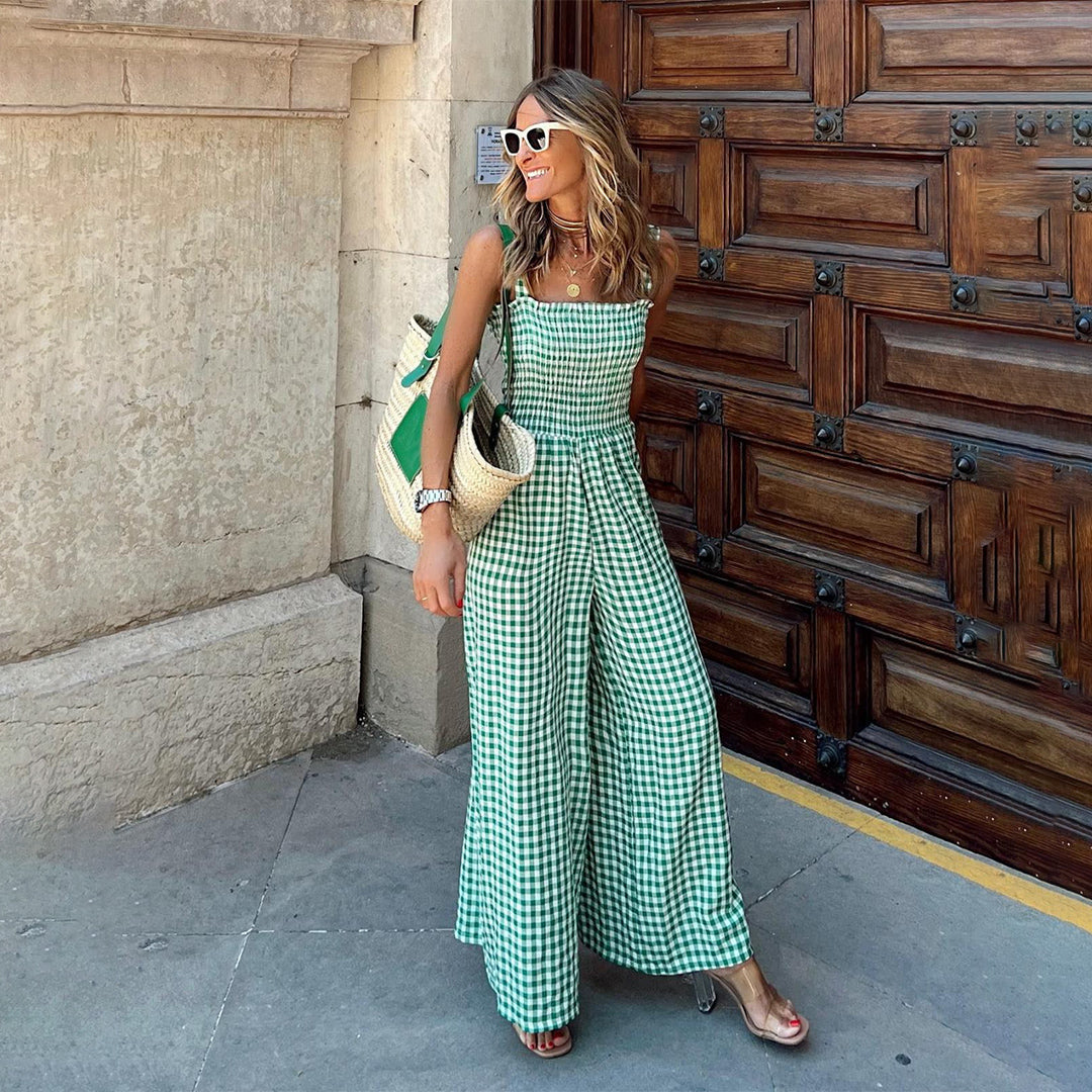 Combinaison Femme - Motif Vichy - Haut Smocké - Pantalon Large - Bretelles Fines - Aurelles