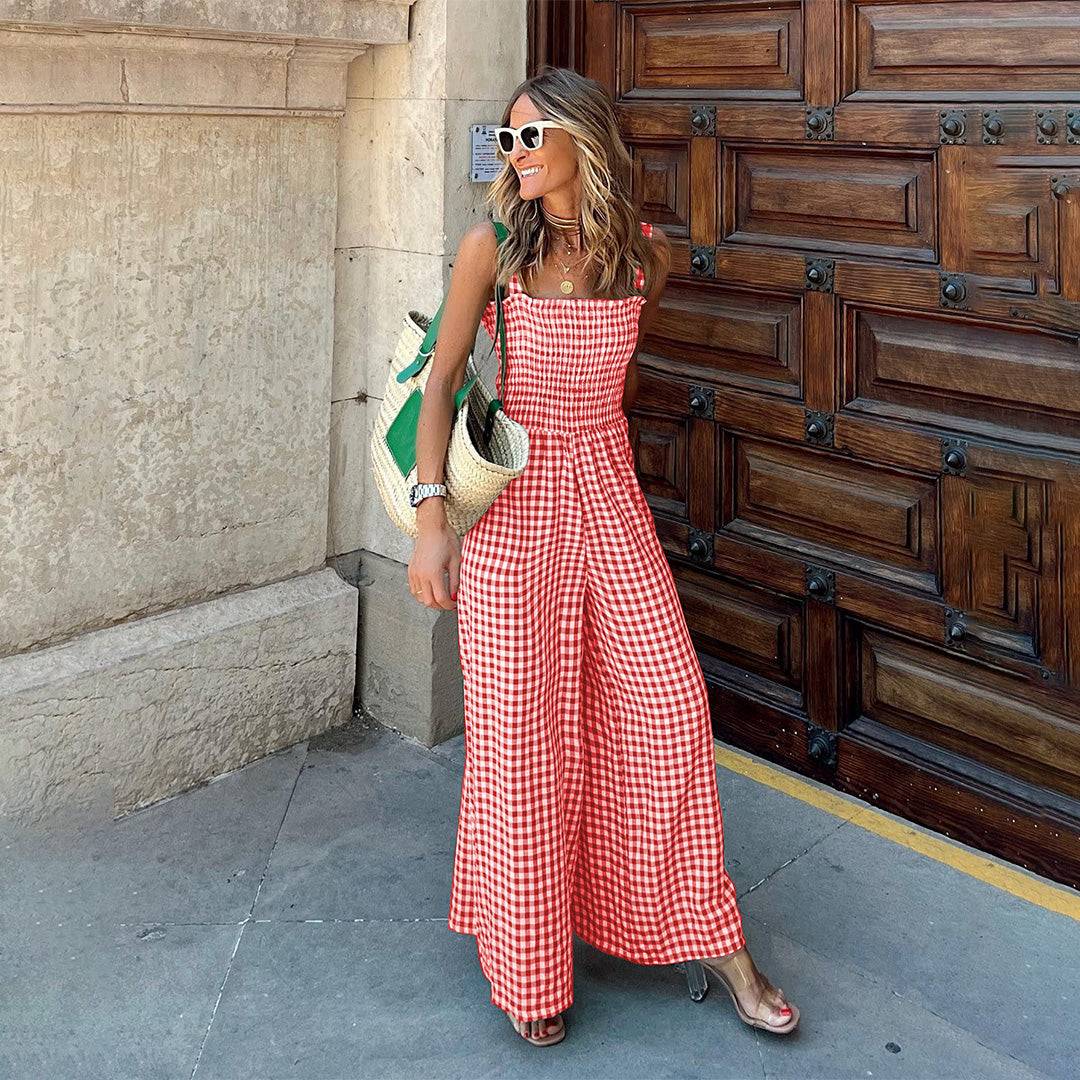 Combinaison Femme - Motif Vichy - Haut Smocké - Pantalon Large - Bretelles Fines - Aurelles