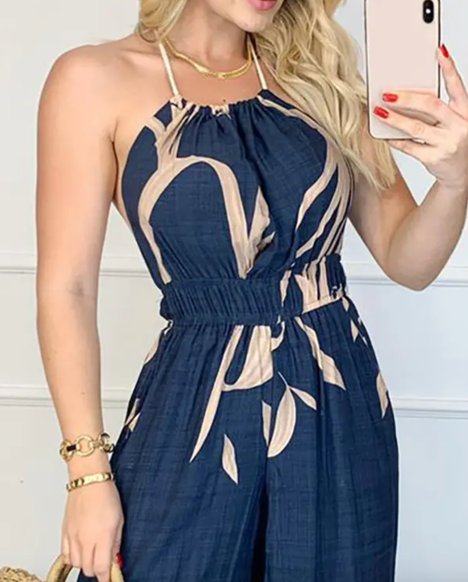 Combinaison Femme - Col Halter - Taille Cintrée - Pantalon Large en Tissu Fluide - Imprimé Floral - Aurelles