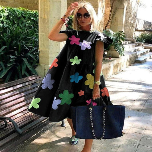 Robe A-Ligne Femme - Longueur Genou - Manches Courtes - Appliqué Floral - Léger - Aurelles