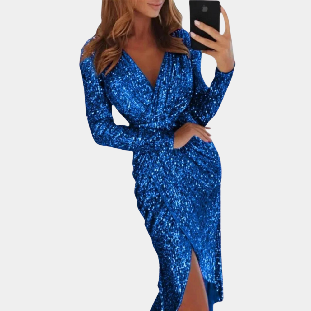 Robe Portefeuille à Paillettes pour Femmes – Manches Longues – Col en V – Silhouette Ajustée – Fente Latérale