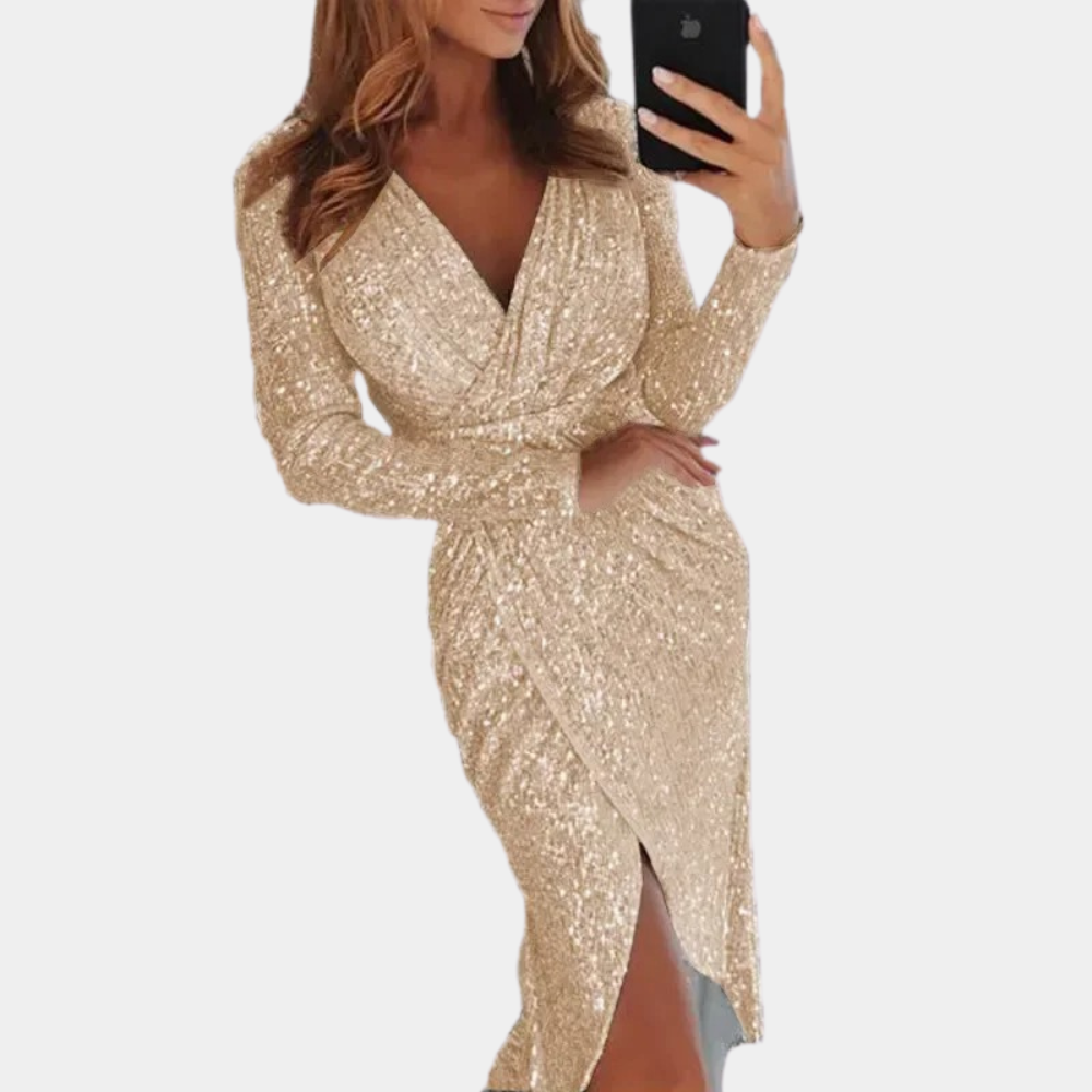 Robe Portefeuille à Paillettes pour Femmes – Manches Longues – Col en V – Silhouette Ajustée – Fente Latérale