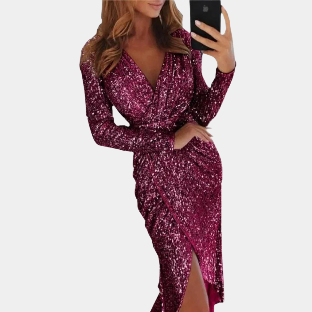 Robe Portefeuille à Paillettes pour Femmes – Manches Longues – Col en V – Silhouette Ajustée – Fente Latérale