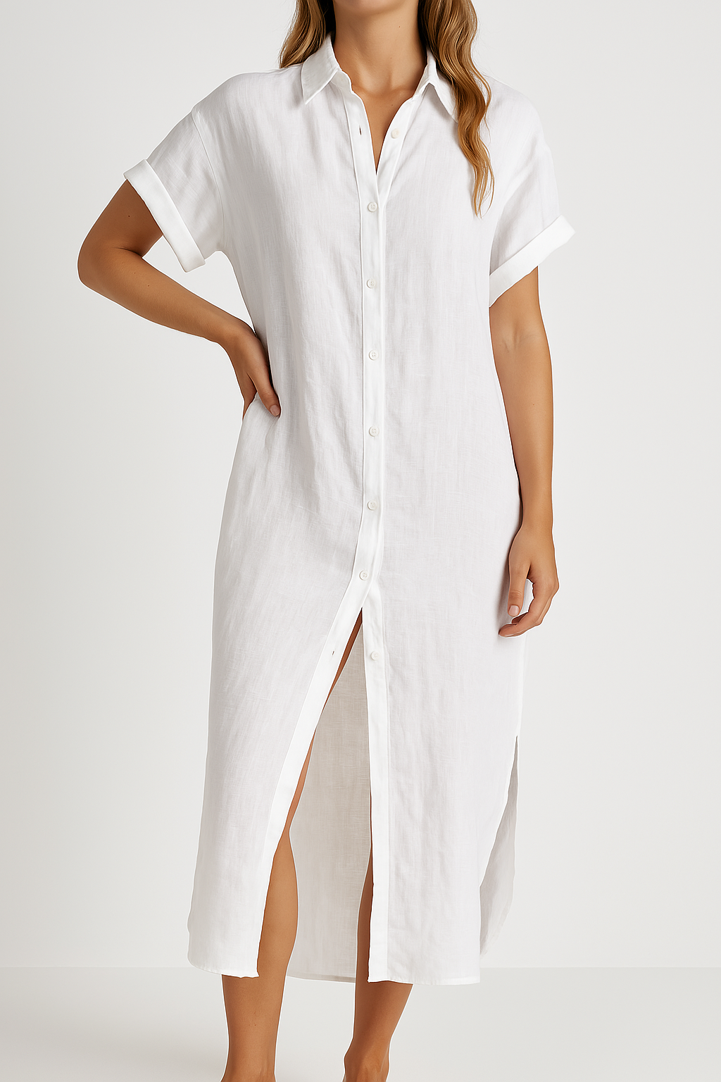 Robe Chemise Femme – Boutonnée – Manches Courtes – Légère – Col Montant – Fente Avant
