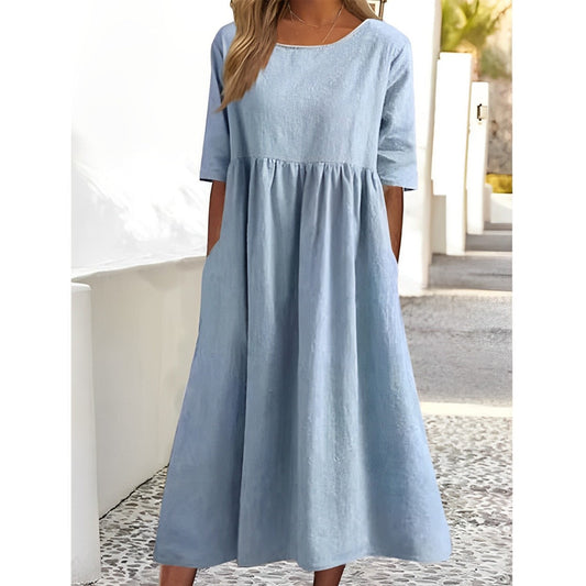 Harper - Robe Midi Vintage en Lin Coton Respirant avec Design Plissé - Aurelles