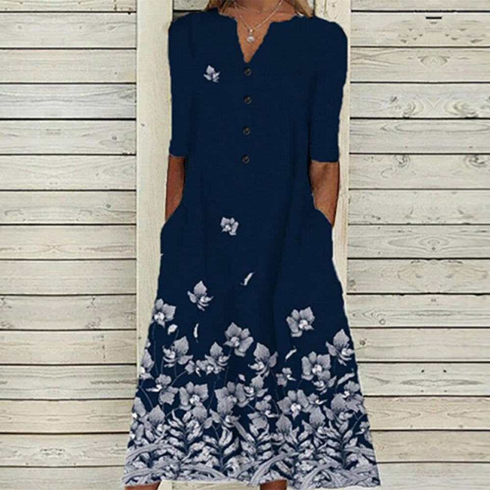Robe Midi Femme – Col V – Devant Boutonné – Manches Courtes – Imprimé Floral Papillon – Poches