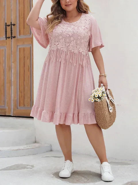 Robe A-Line Femme - Broderie en Dentelle - Manches Courtes Volantes - Tenue Décontractée - Aurelles