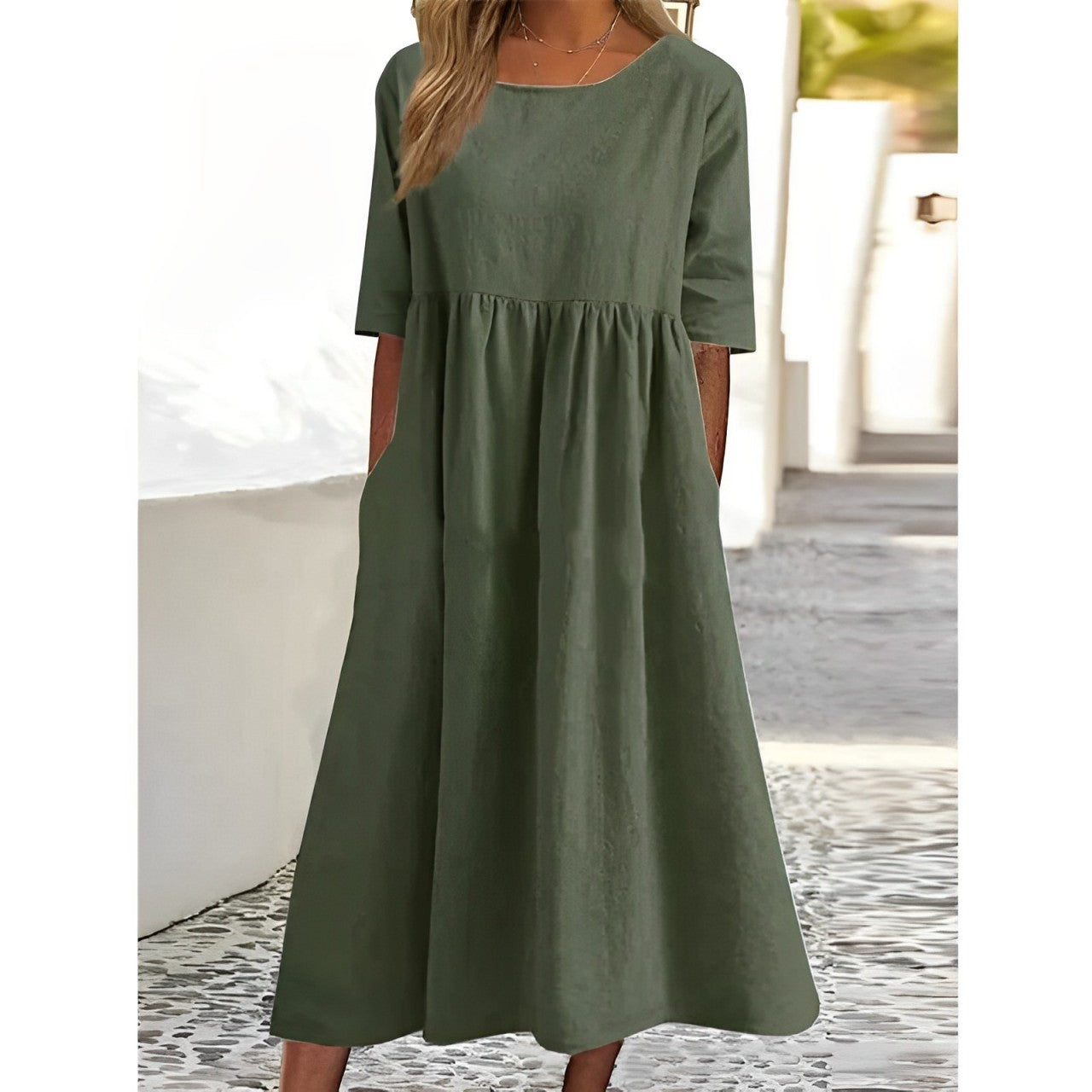 Harper - Robe Midi Vintage en Lin Coton Respirant avec Design Plissé - Aurelles