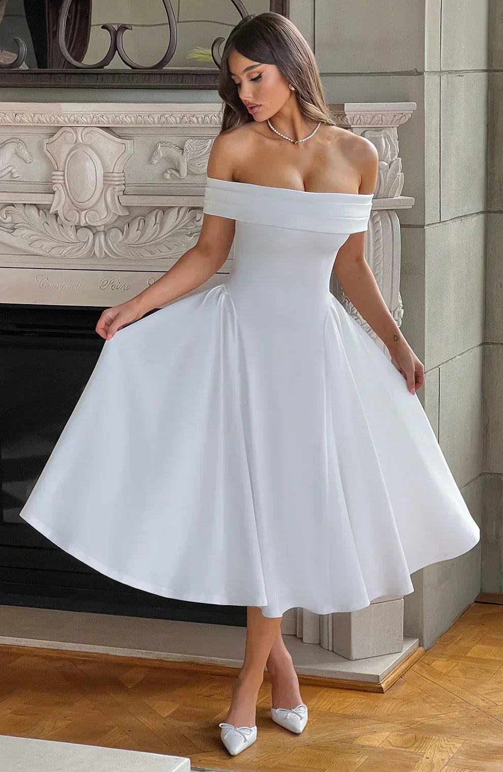 Robe Midi Femme Décolleté - Corsage Ajusté - Jupe Évasée A-Line - Tenue Formelle Élégante