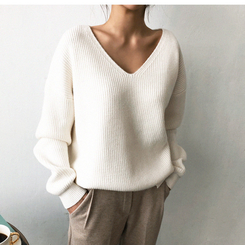 Pull Femme Col V à Manches Longues – Coupe Ample et Style Décontracté - Aurelles