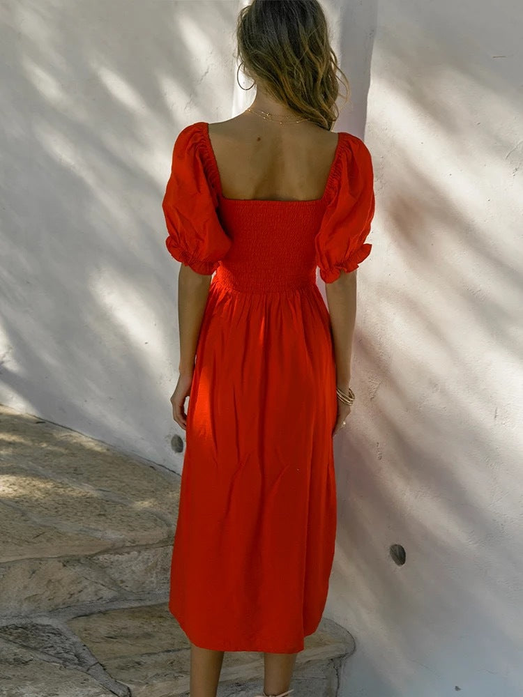 Robe Femme Off-Shoulder – Corsage Froncé – Manches Bouffantes – Fente Latérale – Coupe Élégante