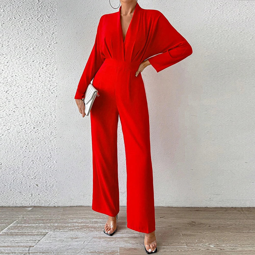 Combinaison Femme - Décolleté en V Profond - Manches Longues - Taille Cintrée - Pantalon Large Élégant - Aurelles