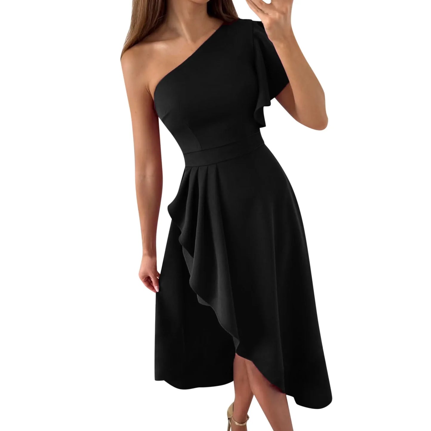 Robe Midi Femme à Épaule Unique – Ourlet Asymétrique Haut-Bas – Vêtements Formels Élégants
