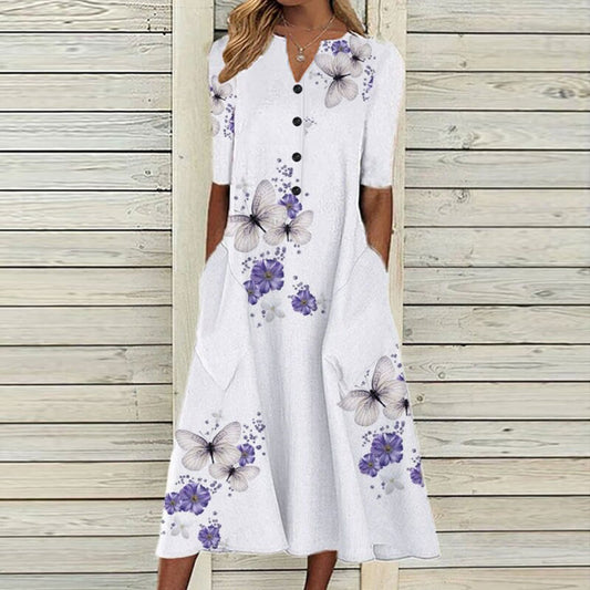 Robe Midi Femme – Col V – Devant Boutonné – Manches Courtes – Imprimé Floral Papillon – Poches