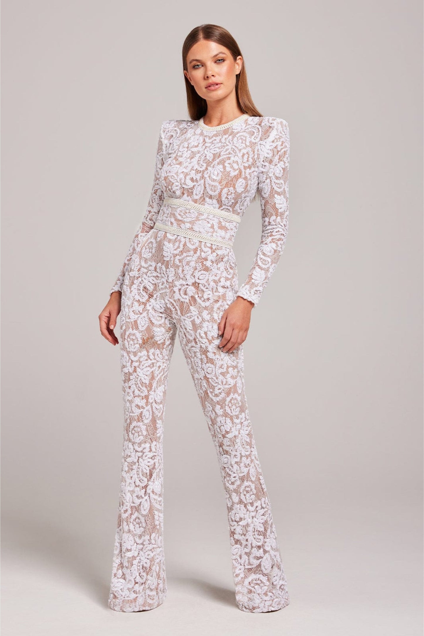 Combinaison en Dentelle pour Femmes - Embellie de Sequins - Manches Longues - Col Montant - Taille Ajustée - Aurelles