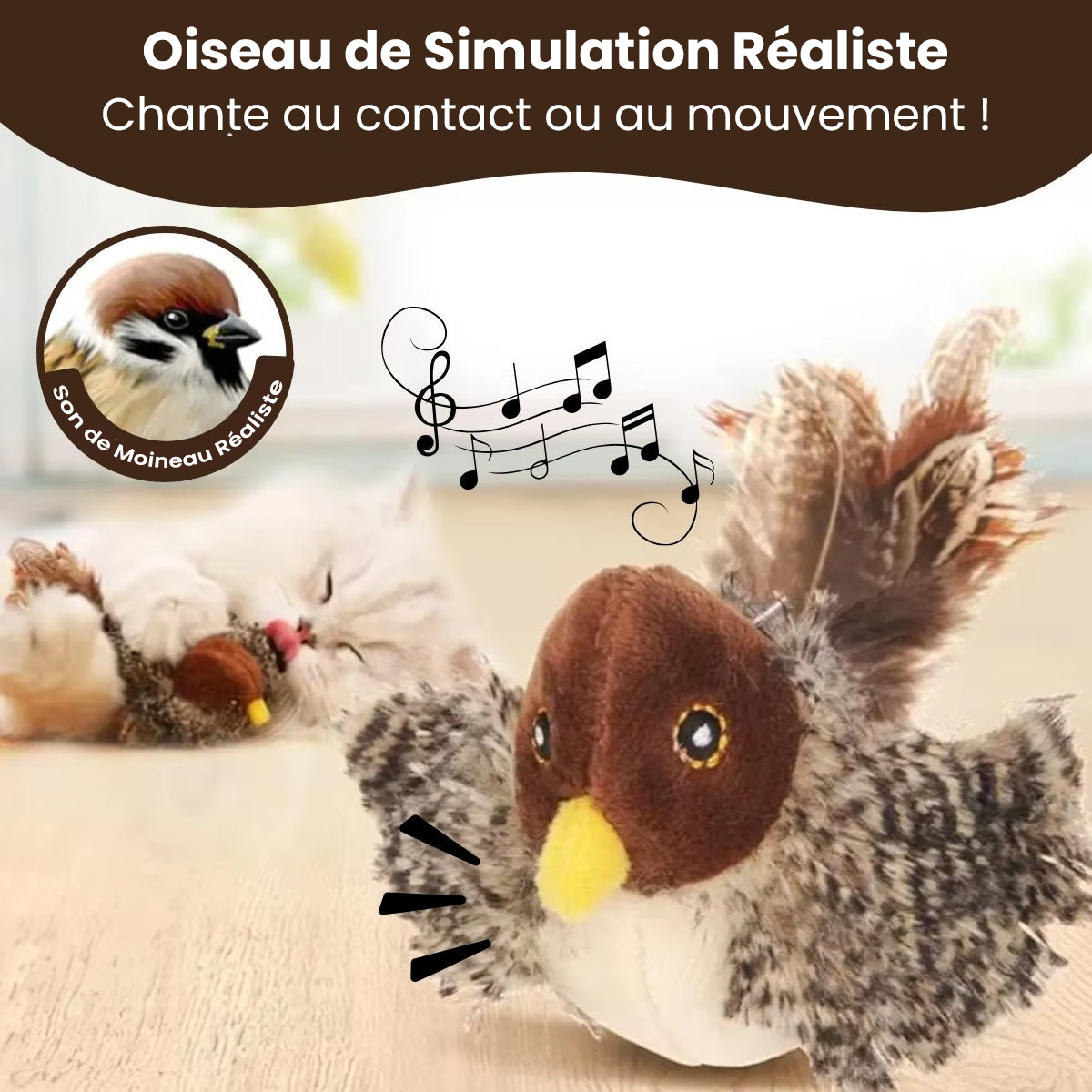 Oiseau Jouet Interactif pour Chat avec Sons Réalistes - Petit Moineau