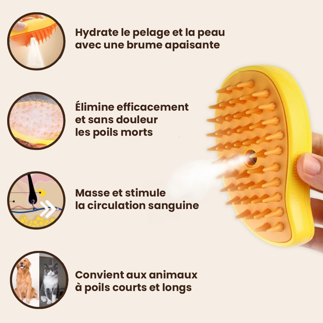 Brosse Vapeur Rafraîchissante pour Poils d'Animaux - Chats & Chiens