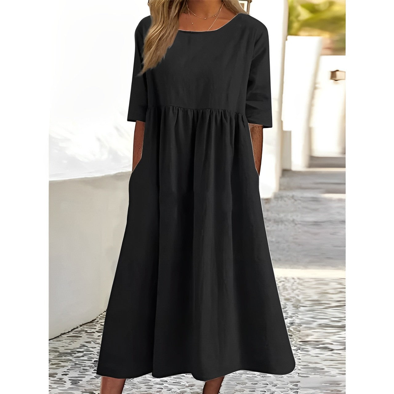 Harper - Robe Midi Vintage en Lin Coton Respirant avec Design Plissé - Aurelles