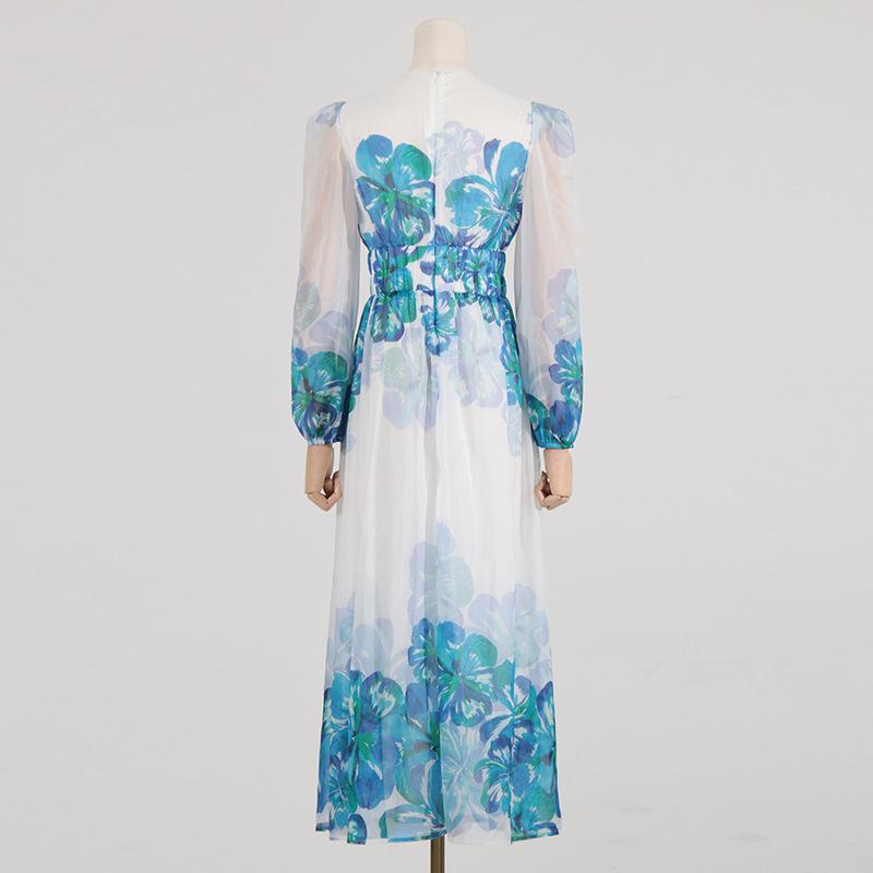 Robe Midi Femme – Col V – Taille Smockée – Manches Longues – Coupe Élégante Légère