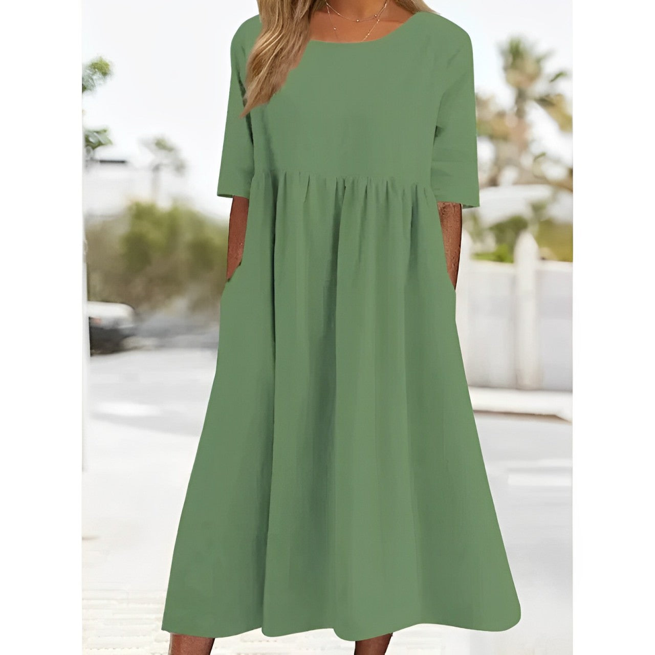 Harper - Robe Midi Vintage en Lin Coton Respirant avec Design Plissé - Aurelles
