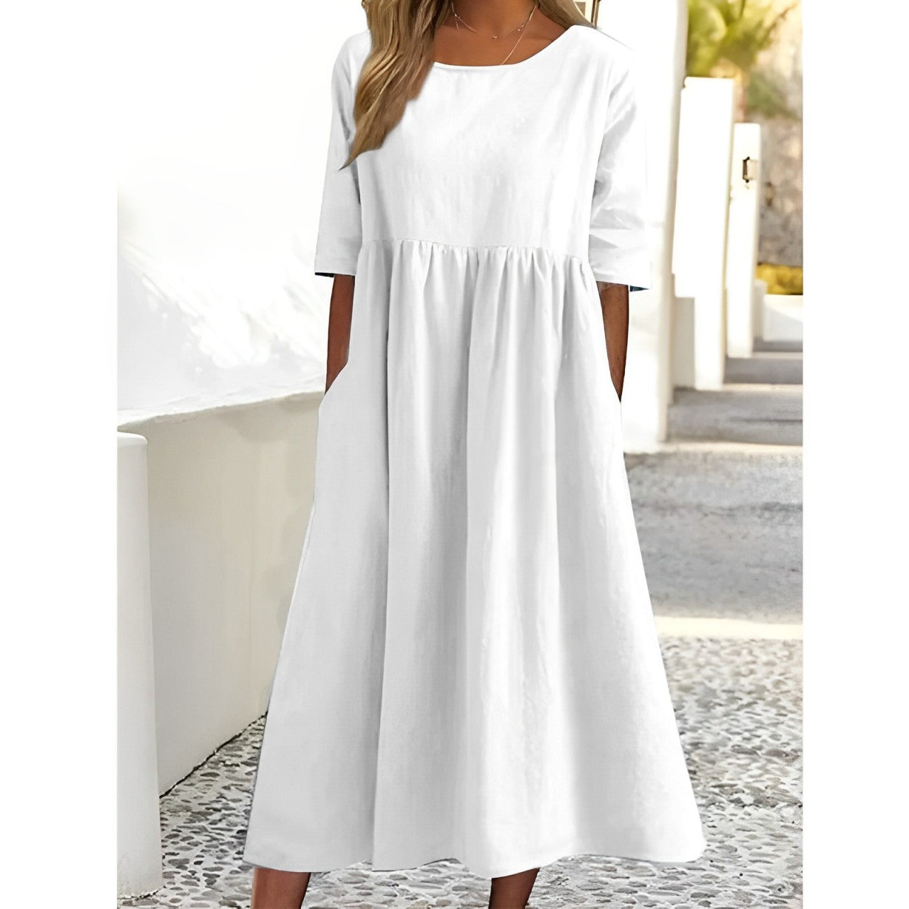 Harper - Robe Midi Vintage en Lin Coton Respirant avec Design Plissé - Aurelles