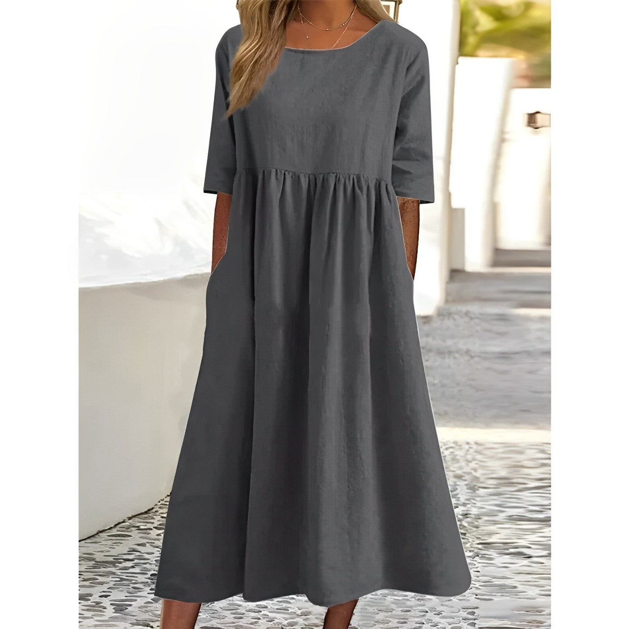 Harper - Robe Midi Vintage en Lin Coton Respirant avec Design Plissé - Aurelles