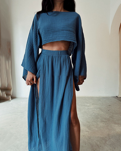 Ensemble Femme Deux Pièces Chic Off-Shoulder et Jupe Maxi