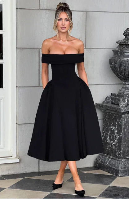 Robe Midi Femme Décolleté - Corsage Ajusté - Jupe Évasée A-Line - Tenue Formelle Élégante