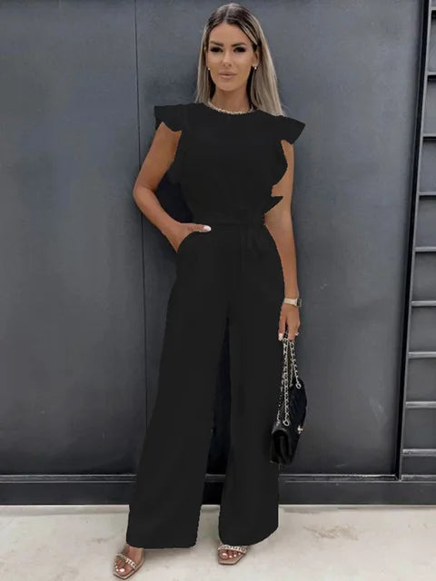 Combinaison femme avec jambes larges et manches à volants - Aurelles