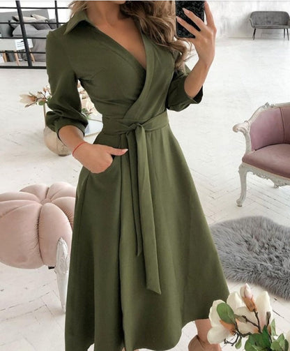 Robe Portefeuille Femme - Décolleté en V - Taille Cintrée avec Ceinture - Midi à Manches Trois Quarts