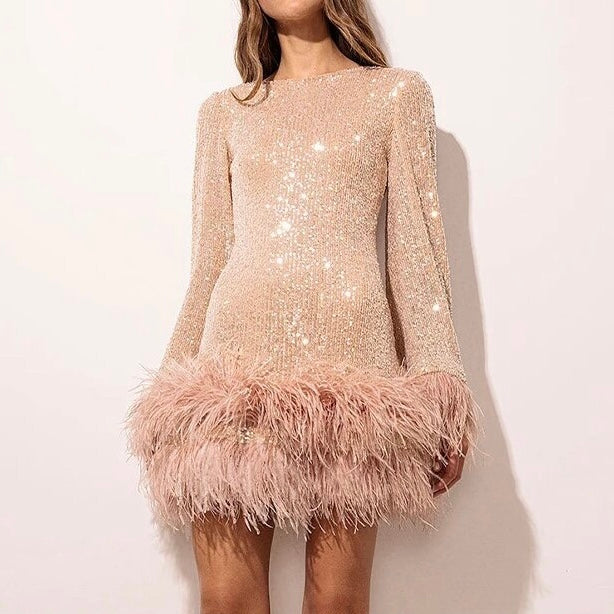 Robe à Paillettes avec Finitions en Plumes Glamour - Aurelles