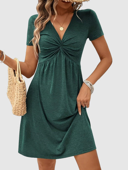 Robe à manches courtes en V avec nœud à l'avant pour femmes - Aurelles