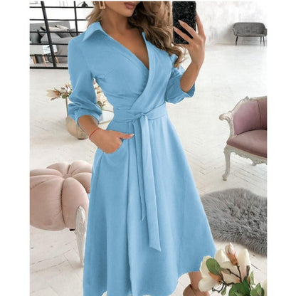 Robe Portefeuille Femme - Décolleté en V - Taille Cintrée avec Ceinture - Midi à Manches Trois Quarts