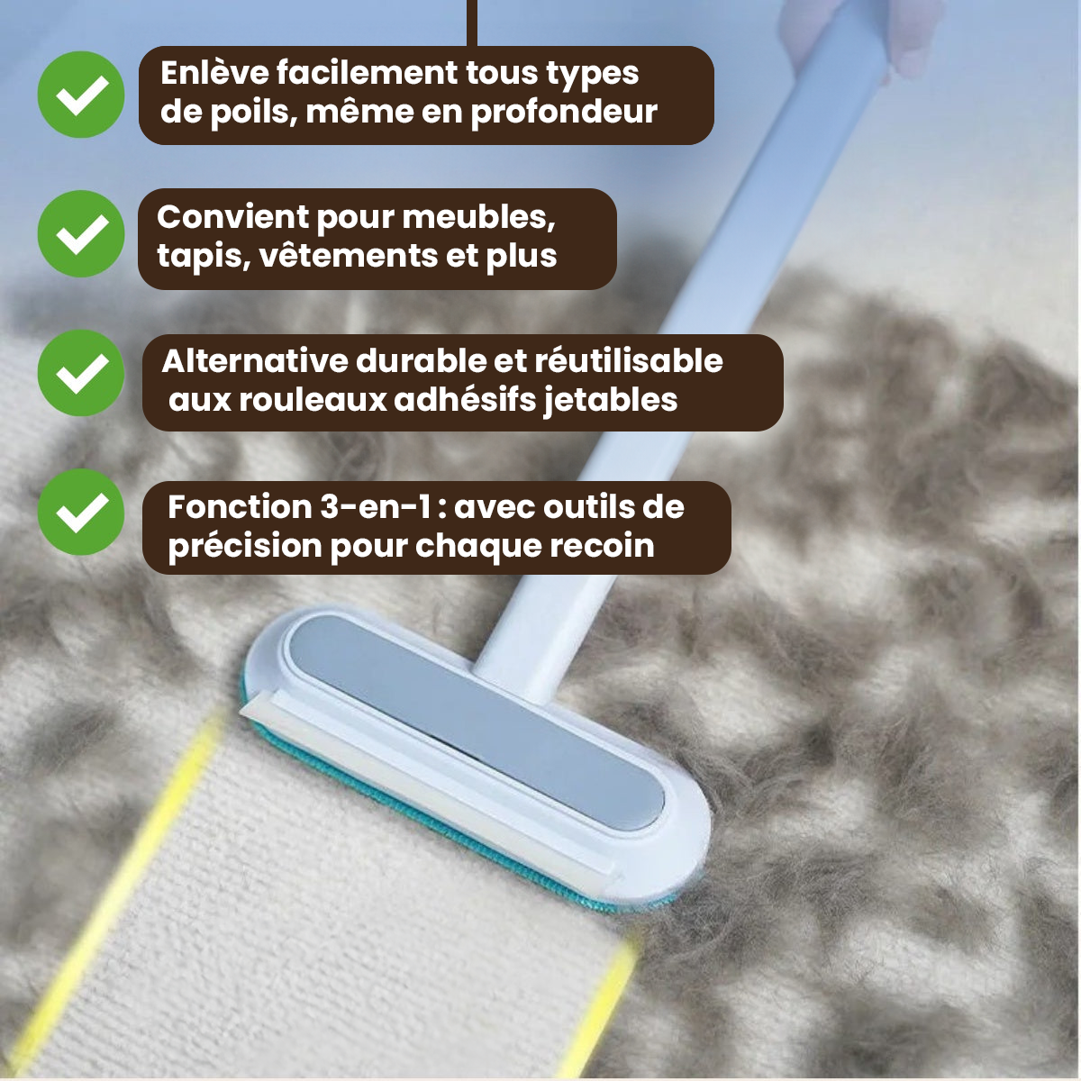Brosse anti-poils pour animaux 3-en-1 avec manche long