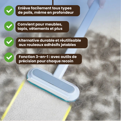 Brosse anti-poils pour animaux 3-en-1 avec manche long