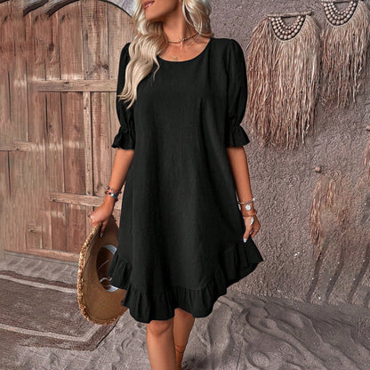 Robe A-Line Femme - Manches Bouffantes - Col Rond - Ourlet Volant - Élégante Décontractée - Aurelles