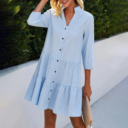 Robe A-Ligne Femme - Vichy - Boutonnée - Design Étagé - Manches 3/4 - Aurelles