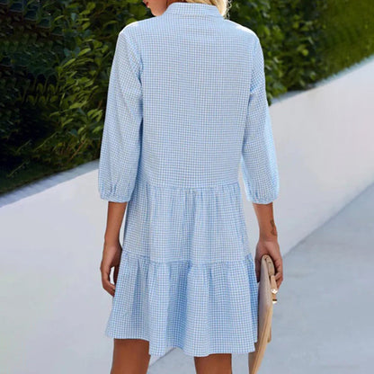 Robe A-Ligne Femme - Vichy - Boutonnée - Design Étagé - Manches 3/4 - Aurelles