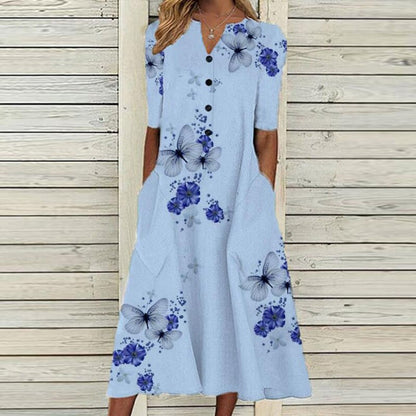 Robe Midi Femme – Col V – Devant Boutonné – Manches Courtes – Imprimé Floral Papillon – Poches