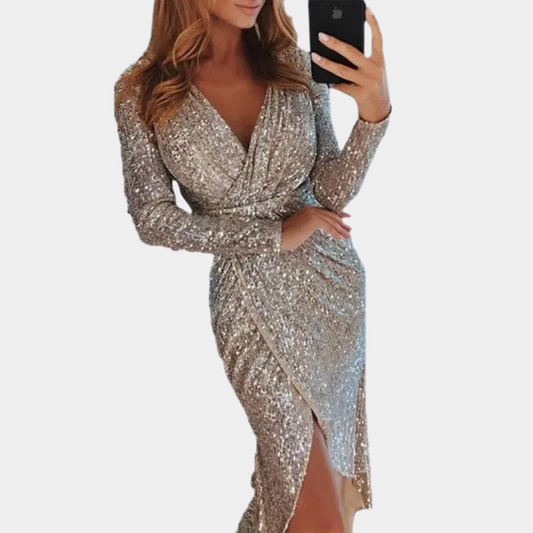 Robe Portefeuille à Paillettes pour Femmes – Manches Longues – Col en V – Silhouette Ajustée – Fente Latérale
