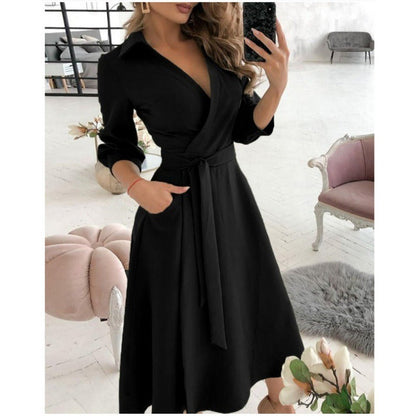 Robe Portefeuille Femme - Décolleté en V - Taille Cintrée avec Ceinture - Midi à Manches Trois Quarts