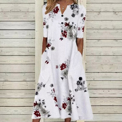 Robe Midi Femme – Col V – Devant Boutonné – Manches Courtes – Imprimé Floral Papillon – Poches